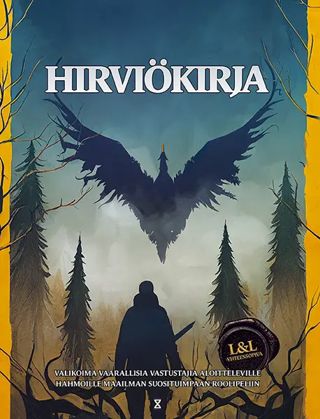 Hirviökirjan kansikuva. Seikkailija kuusimetsän aukiolla miekka kädessään tuijottaa edessään nousevaa krokraks-lintua. Kuvitus edustaa suomalaista kansanperintöä ja Northern fantasy -tyyliä.