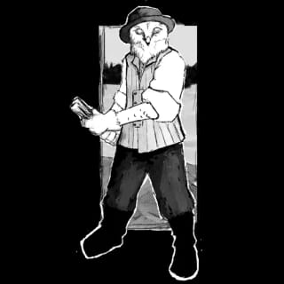 Sulkava tukkilaishommissa. Hahmo edustaa pelattavaa sulkava-lajia tukinuitossa.